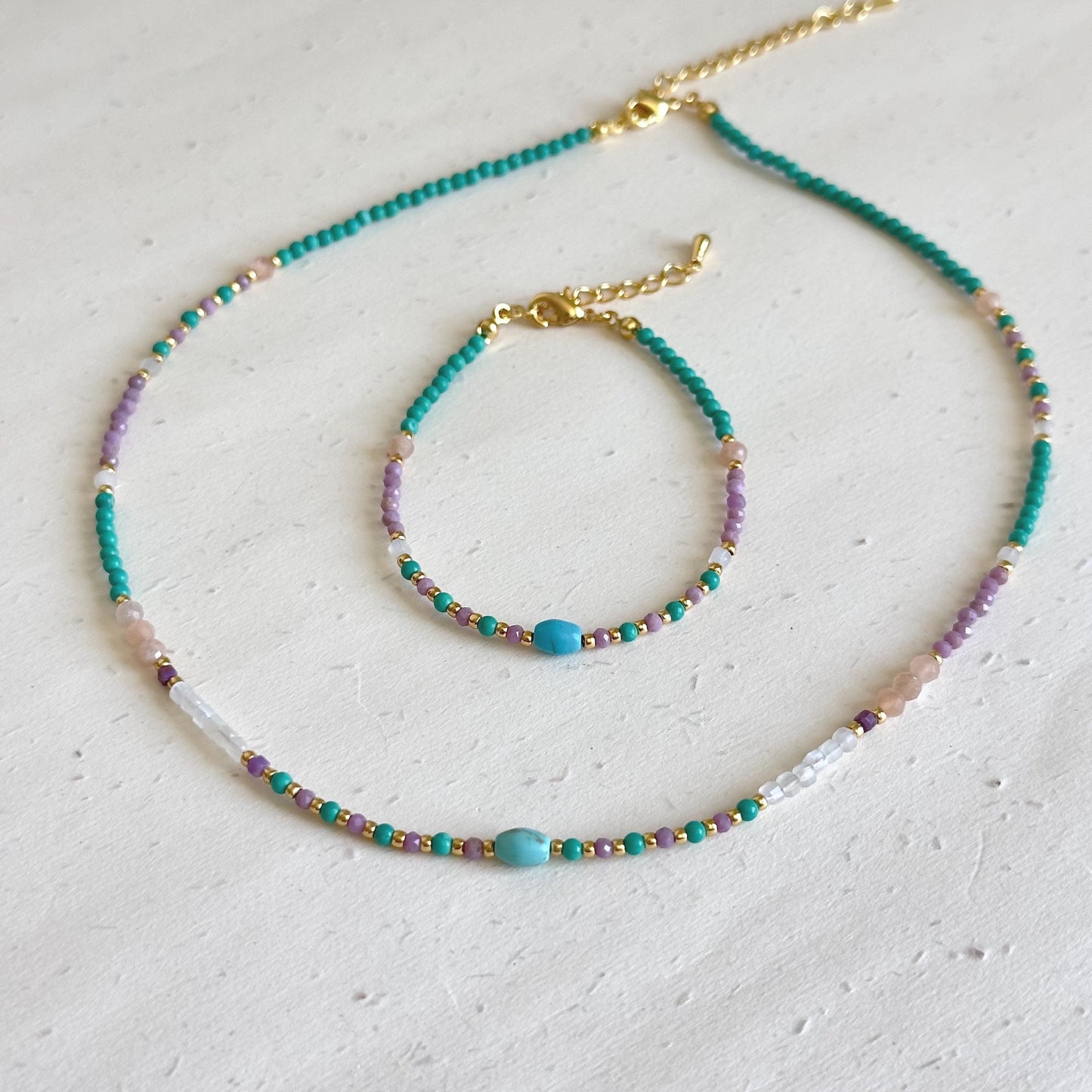 Colorful Natural Stone Beaded Necklace and Bracelet Set, Turquoise, Amethyst, Rose Quartz, Dainty Gemstone Jewelry, Summer Gift for Her