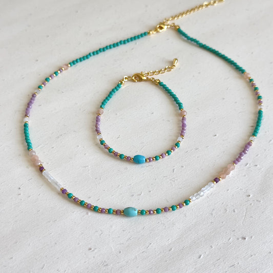 Colorful Natural Stone Beaded Necklace and Bracelet Set, Turquoise, Amethyst, Rose Quartz, Dainty Gemstone Jewelry, Summer Gift for Her