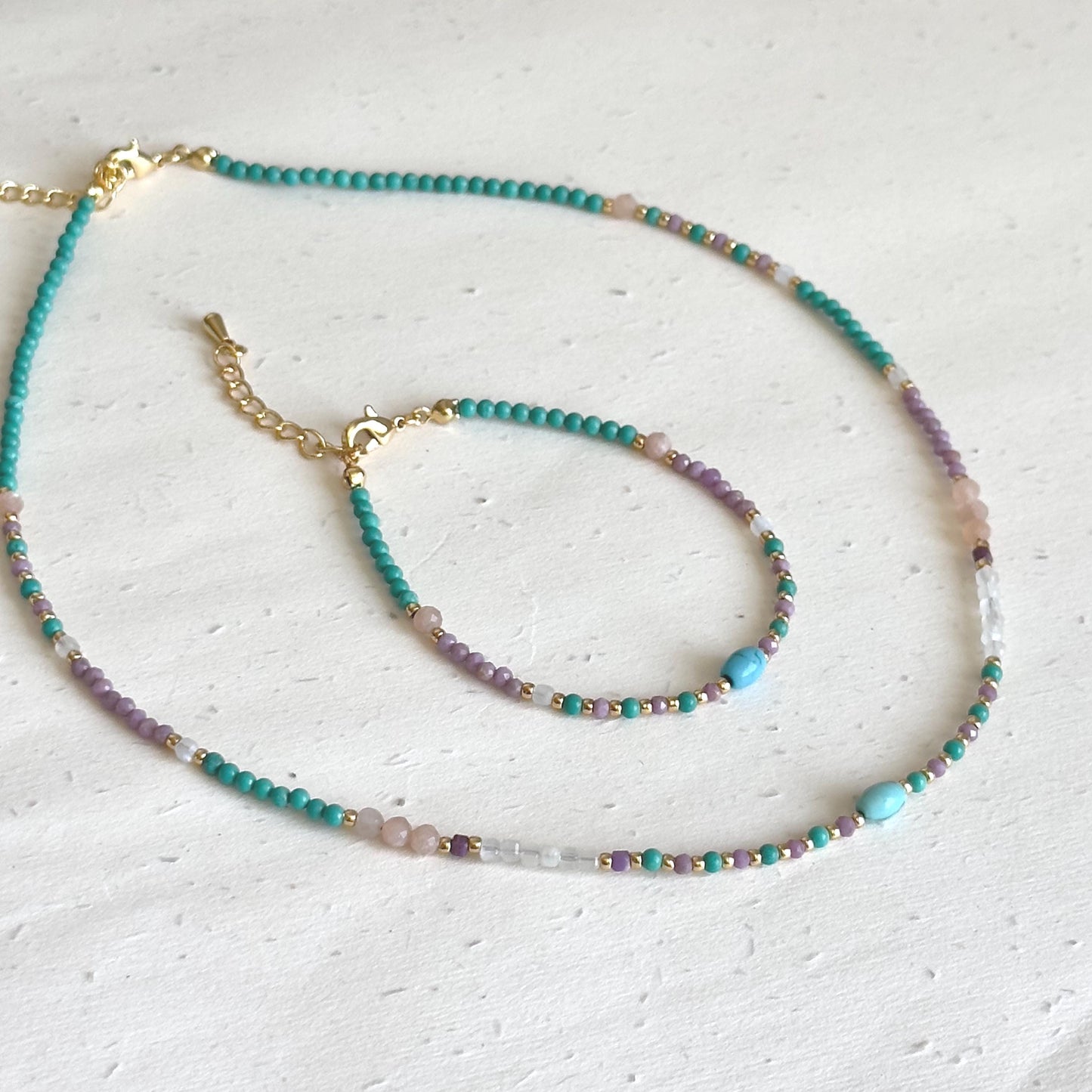 Colorful Natural Stone Beaded Necklace and Bracelet Set, Turquoise, Amethyst, Rose Quartz, Dainty Gemstone Jewelry, Summer Gift for Her