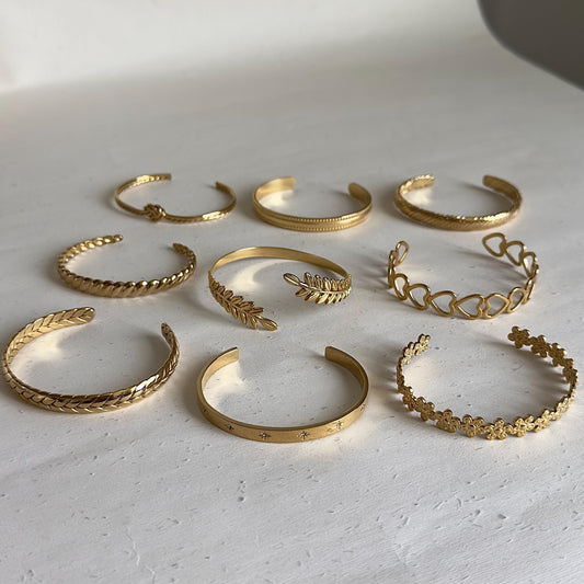 Gold Cuff Bracelet, Adjustable Gold Open Bangle, Gold Plated Bangle, Leaf Heart Star Floral Bangle, Stackable Minimalist Bangle Bracelet