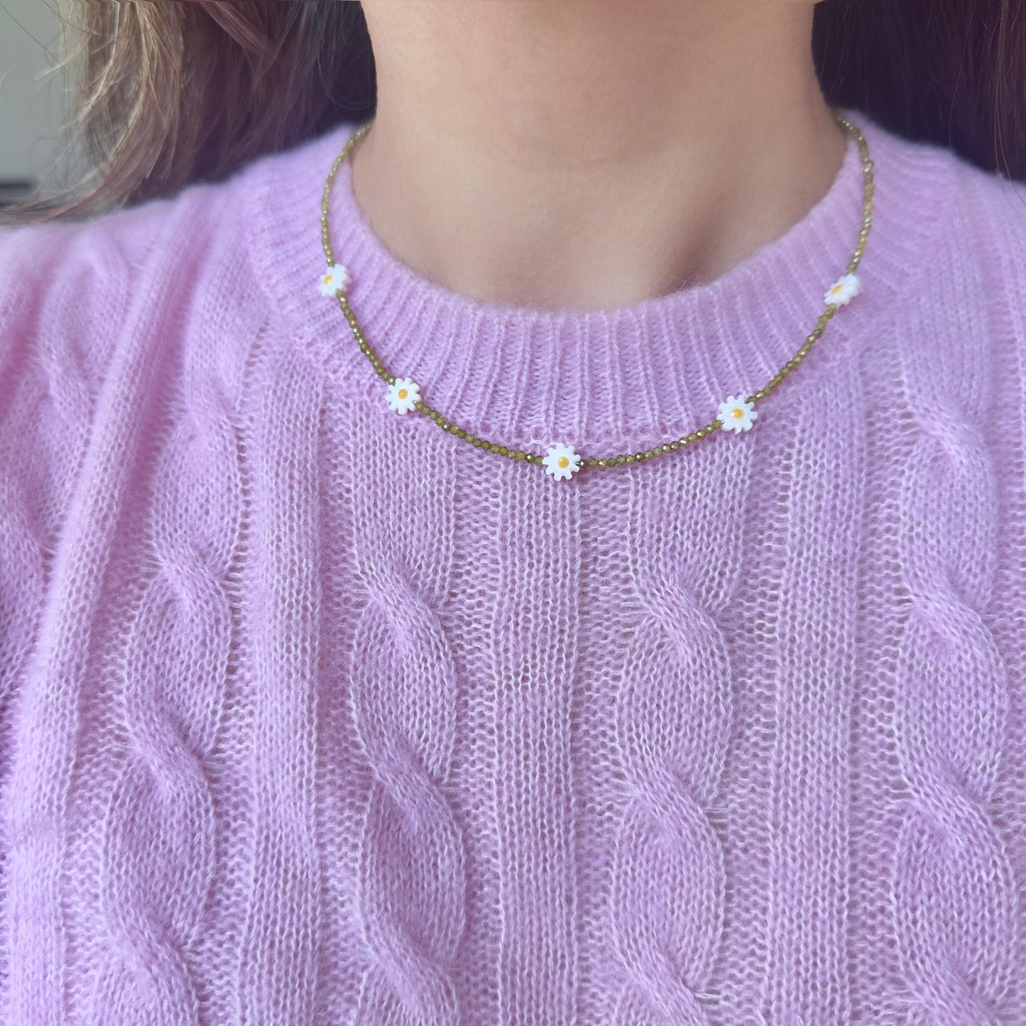 Natural Amazonite Green Zircon Daisy Necklace, Dainty Layering Necklace with Mother of Pearl Flower Beads, Summer Jewelry, Beaded Necklace