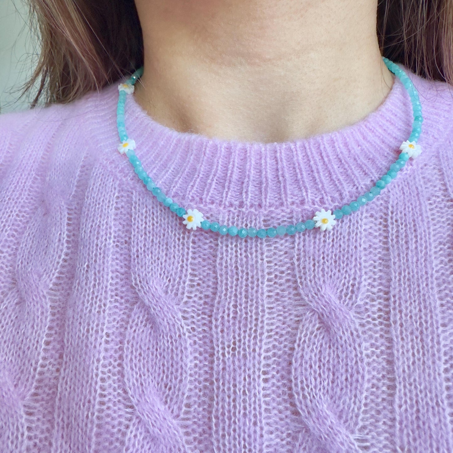 Natural Amazonite Green Zircon Daisy Necklace, Dainty Layering Necklace with Mother of Pearl Flower Beads, Summer Jewelry, Beaded Necklace
