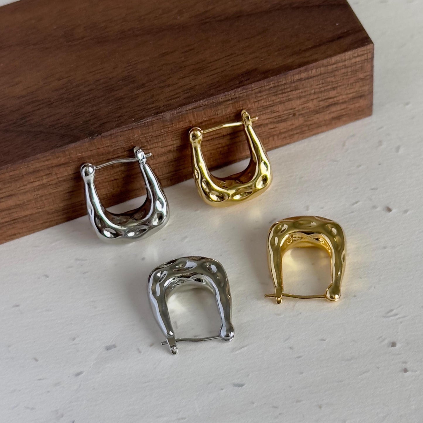 Hammered U-Shaped Geometric Hoops, Gold And Silver Texture Hoops Earrings for Women,  Minimalist Jewelry, Oval Square Hoop Earrings