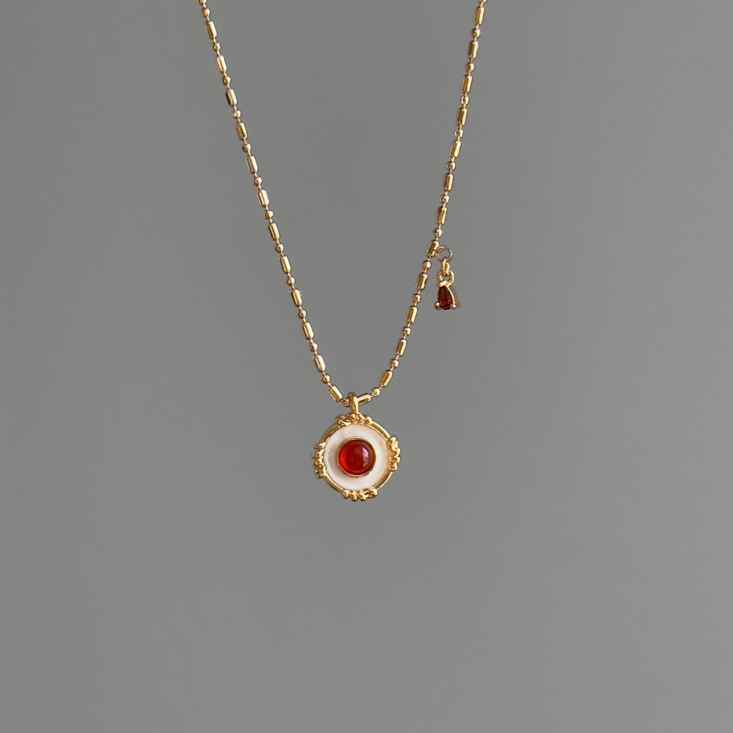 Red Stone and Mother of Pearl Pendant Necklace, Red Stone Necklace, Natural Shell Jewelry, Dainty Layering Necklace, Holiday Gift for Her