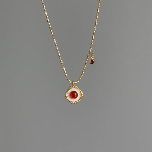 Red Stone and Mother of Pearl Pendant Necklace, Red Stone Necklace, Natural Shell Jewelry, Dainty Layering Necklace, Holiday Gift for Her