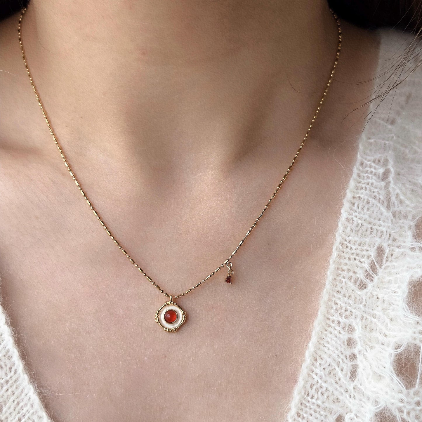 Red Stone and Mother of Pearl Pendant Necklace, Red Stone Necklace, Natural Shell Jewelry, Dainty Layering Necklace, Holiday Gift for Her