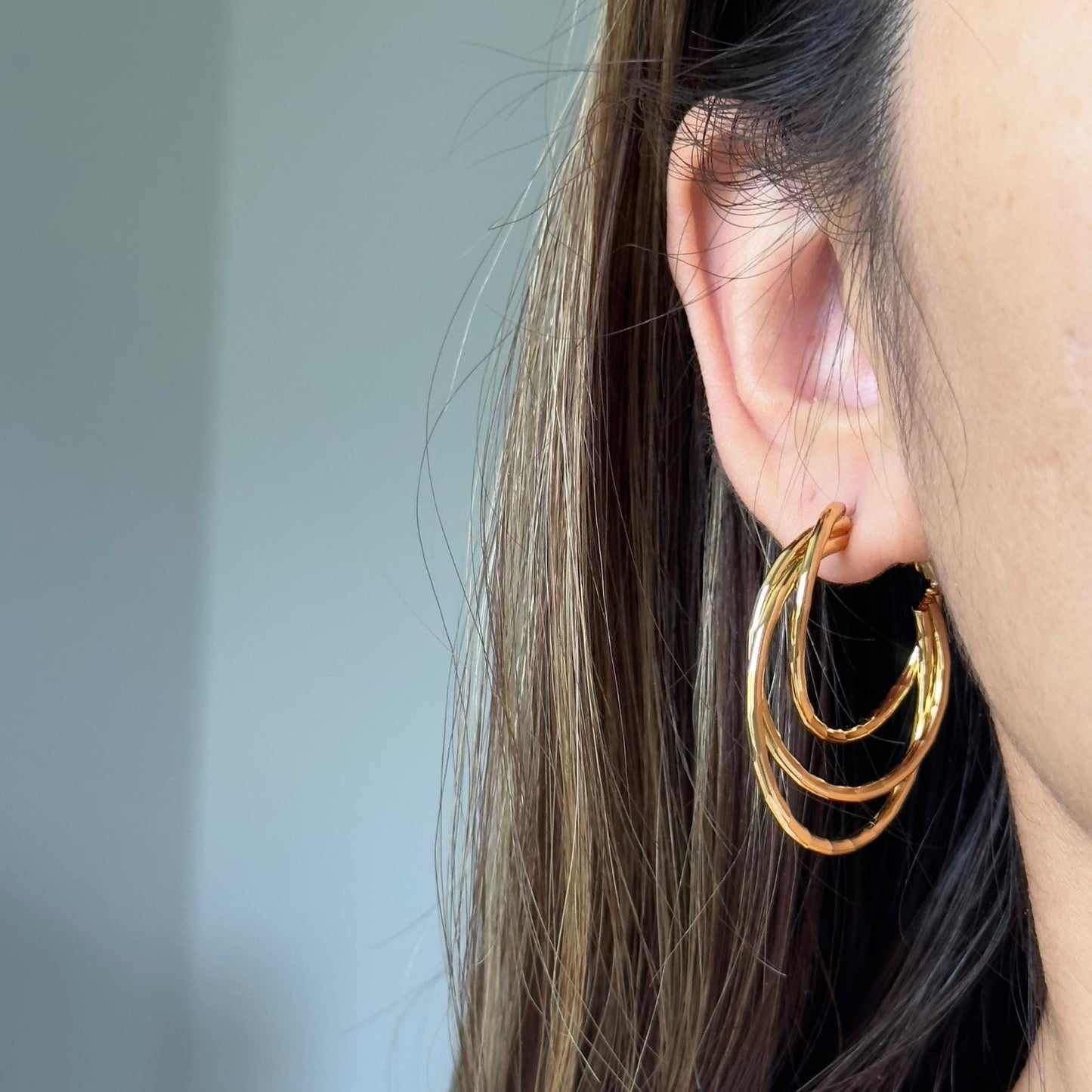 Triple Hoop Gold Earrings, Layered Circle Design Statement Hoops, High Polish Gold Plated Hoop Earrings, Bold Everyday Jewelry Gift