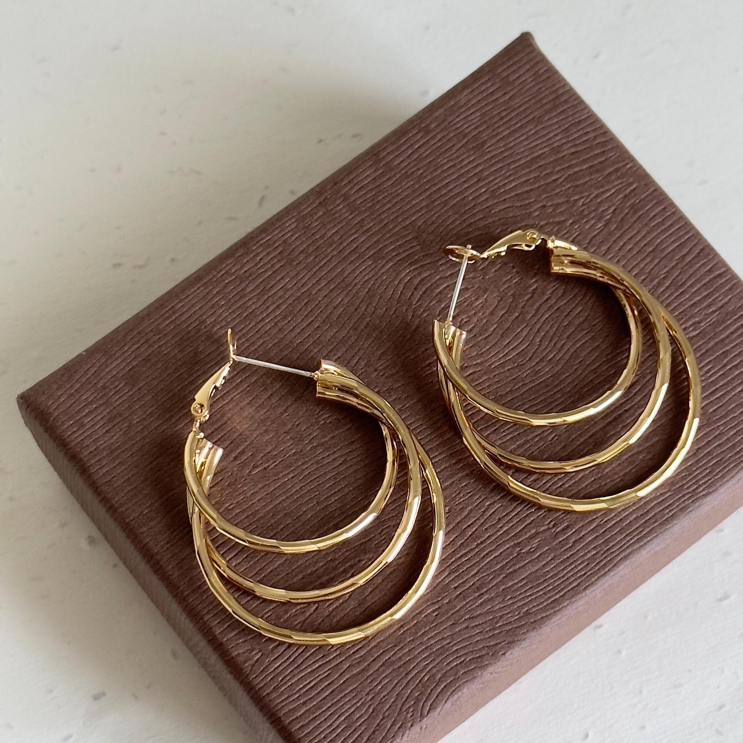 Triple Hoop Gold Earrings, Layered Circle Design Statement Hoops, High Polish Gold Plated Hoop Earrings, Bold Everyday Jewelry Gift