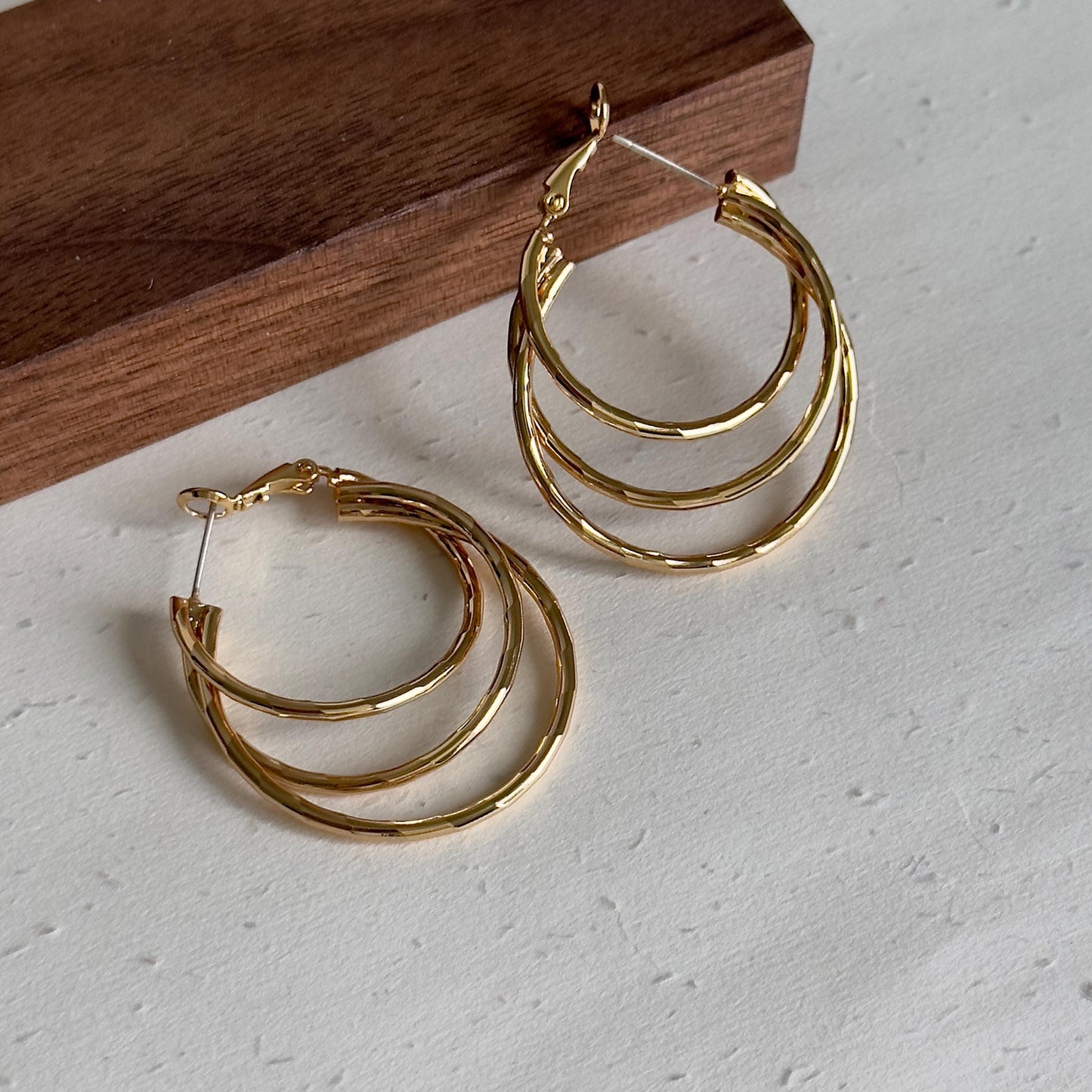 Triple Hoop Gold Earrings, Layered Circle Design Statement Hoops, High Polish Gold Plated Hoop Earrings, Bold Everyday Jewelry Gift
