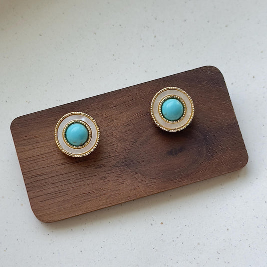 Retro Turquoise Stud Earrings, Gold Circle Mother Of Pearl Studs, Round Statement Earrings, Vintage Style Earrings, Elegant Studs For Women