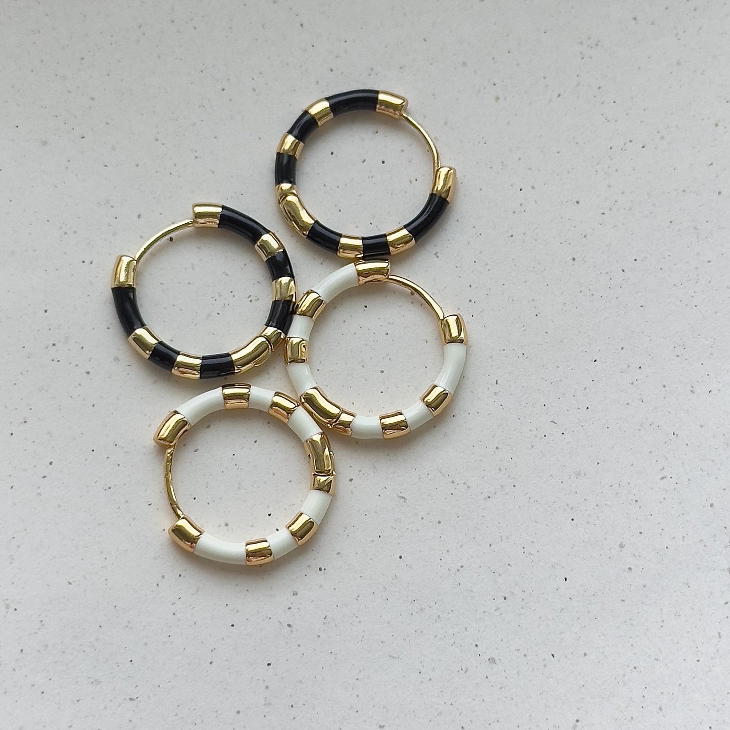 Striped Enamel Hoop Earrings, Black and White Gold Hoops, Minimalist Hoops, Lightweight Everyday Earrings, Unisex, Black And White Hoops