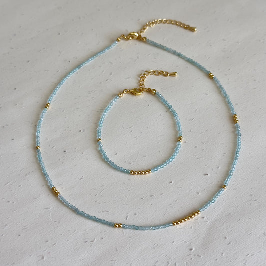 Natural Aquamarine Necklace and Bracelet Set, Real Gemstone Jewelry, March Birthstone Gift, Dainty Layered Jewelry, Natural Stone Beads