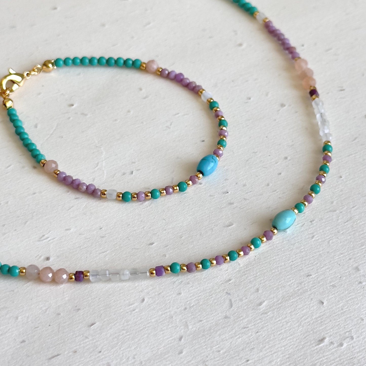 Colorful Natural Stone Beaded Necklace and Bracelet Set, Turquoise, Amethyst, Rose Quartz, Dainty Gemstone Jewelry, Summer Gift for Her