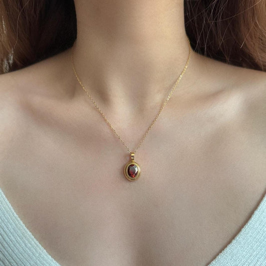 Red Crystal Pendant Necklace, 18K Gold Plated Stainless Steel Chain, Oval Cut Garnet Color Stone, January Birthstone Jewelry, Ruby Stone