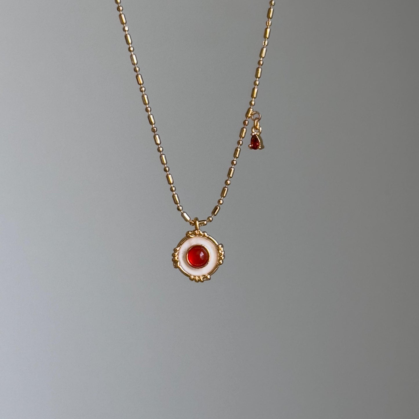 Red Stone and Mother of Pearl Pendant Necklace, Red Stone Necklace, Natural Shell Jewelry, Dainty Layering Necklace, Holiday Gift for Her