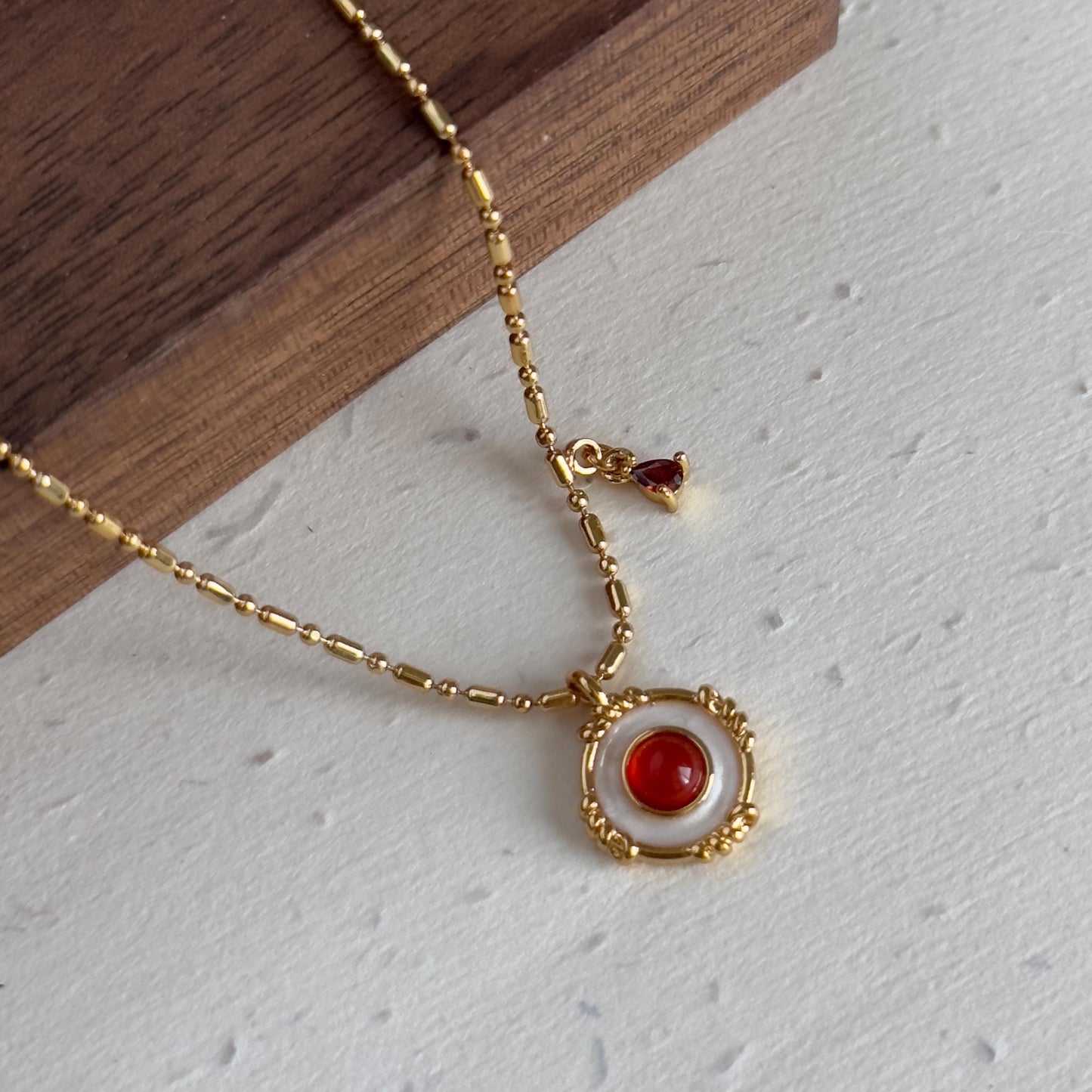 Red Stone and Mother of Pearl Pendant Necklace, Red Stone Necklace, Natural Shell Jewelry, Dainty Layering Necklace, Holiday Gift for Her