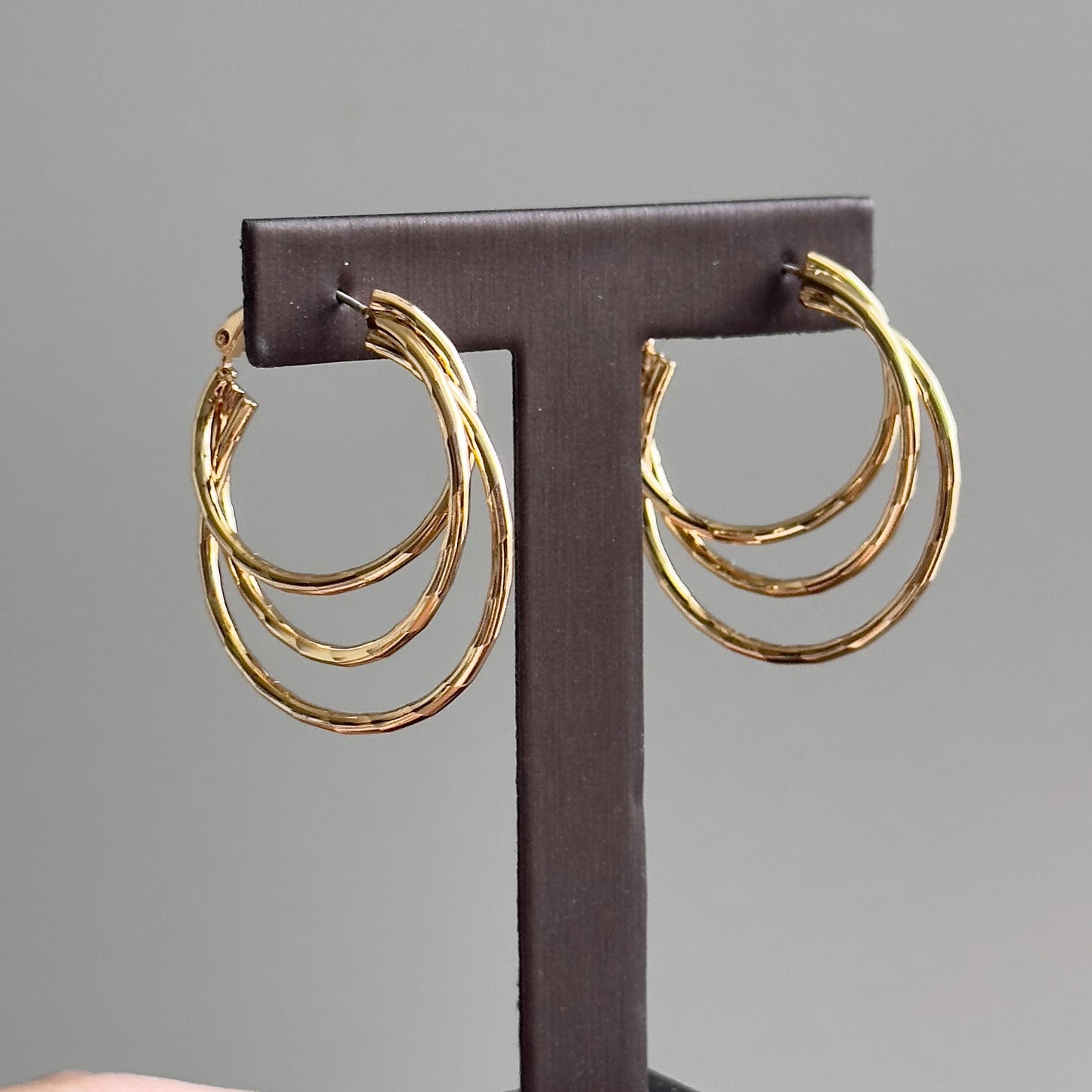 Triple Hoop Gold Earrings, Layered Circle Design Statement Hoops, High Polish Gold Plated Hoop Earrings, Bold Everyday Jewelry Gift