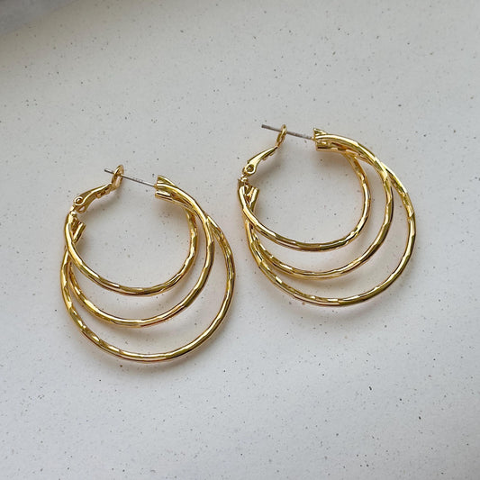 Triple Hoop Gold Earrings, Layered Circle Design Statement Hoops, High Polish Gold Plated Hoop Earrings, Bold Everyday Jewelry Gift