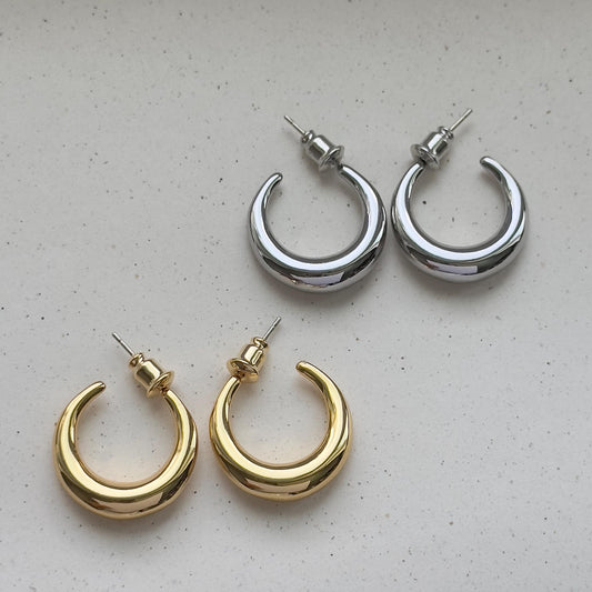 Medium Hoop Earrings, Gold Plated Dome Earrings, Silver Everyday Hoops, Classic Polished Hoop Studs, Everyday Simple Round Earrings