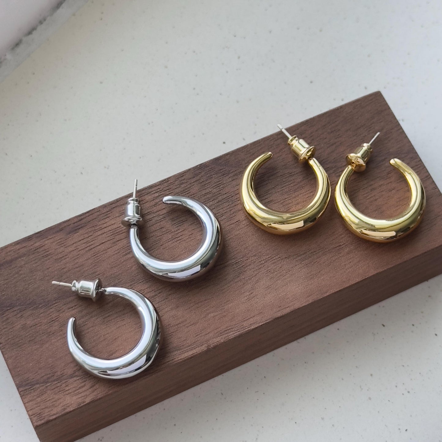 Medium Hoop Earrings, Gold Plated Dome Earrings, Silver Everyday Hoops, Classic Polished Hoop Studs, Everyday Simple Round Earrings