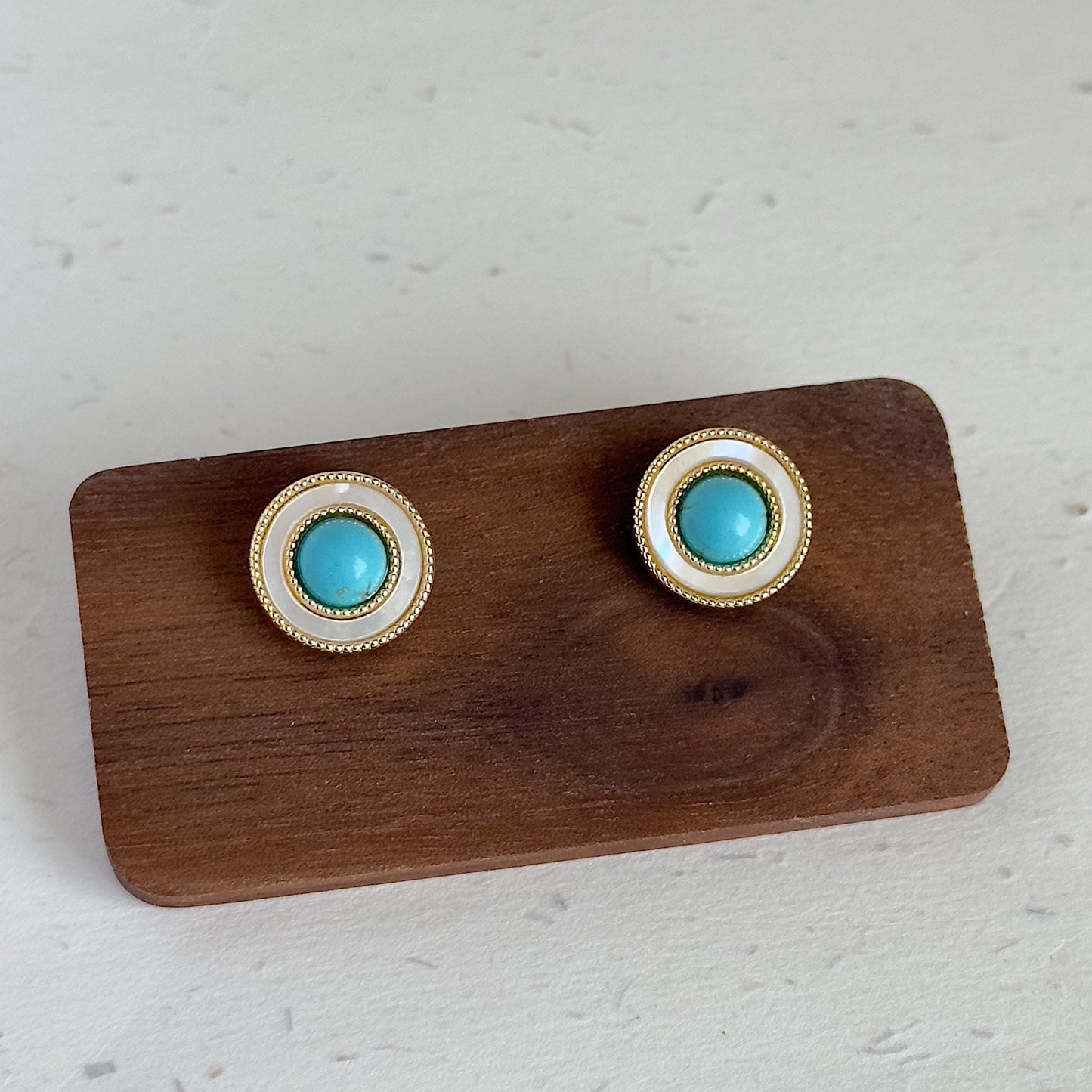 Retro Turquoise Stud Earrings, Gold Circle Mother Of Pearl Studs, Round Statement Earrings, Vintage Style Earrings, Elegant Studs For Women