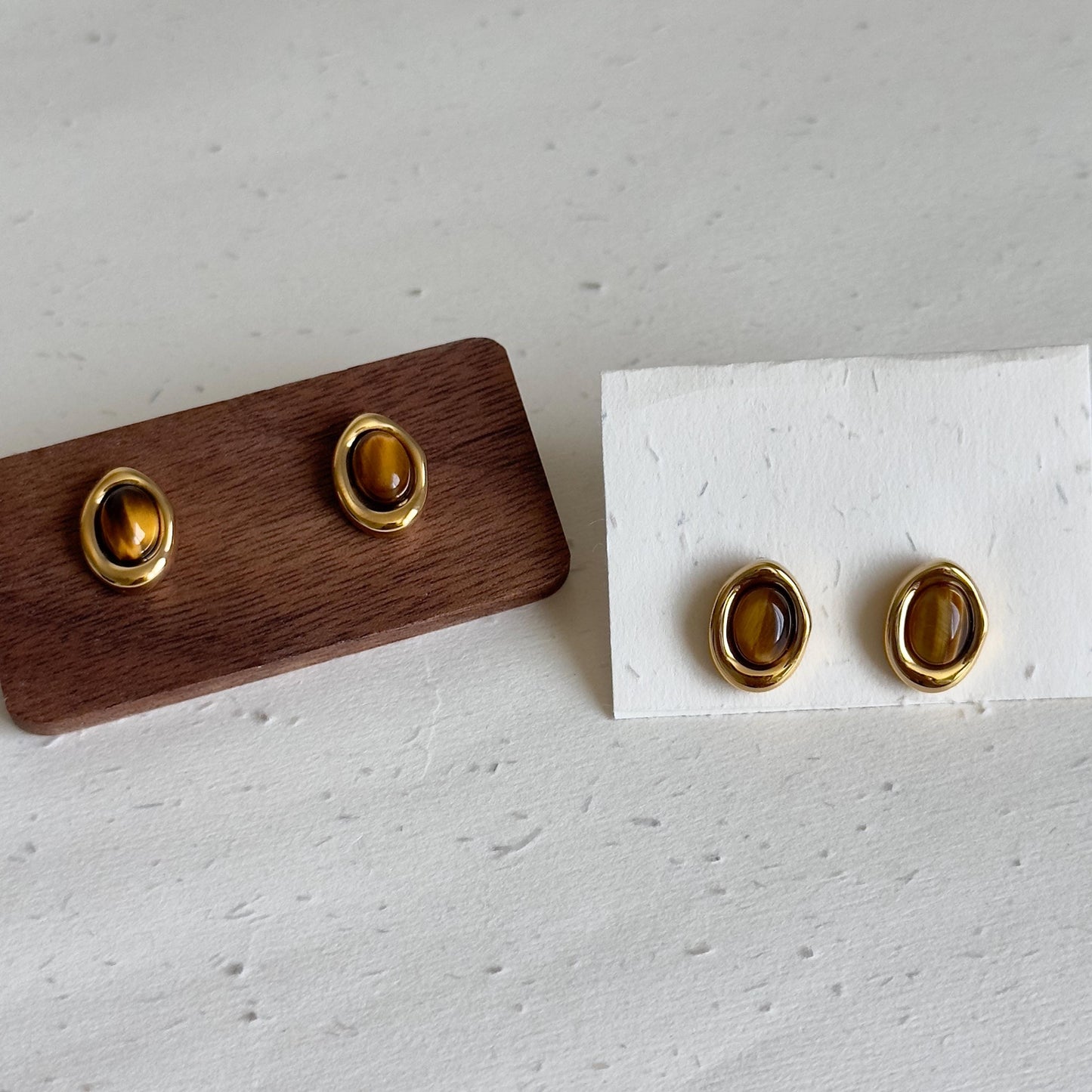 Tiger Eye Stud Earrings, Oval Gemstone Earrings, 18K Gold Plated Earrings, Minimalist Stud Earrings, Brown Stone Earrings