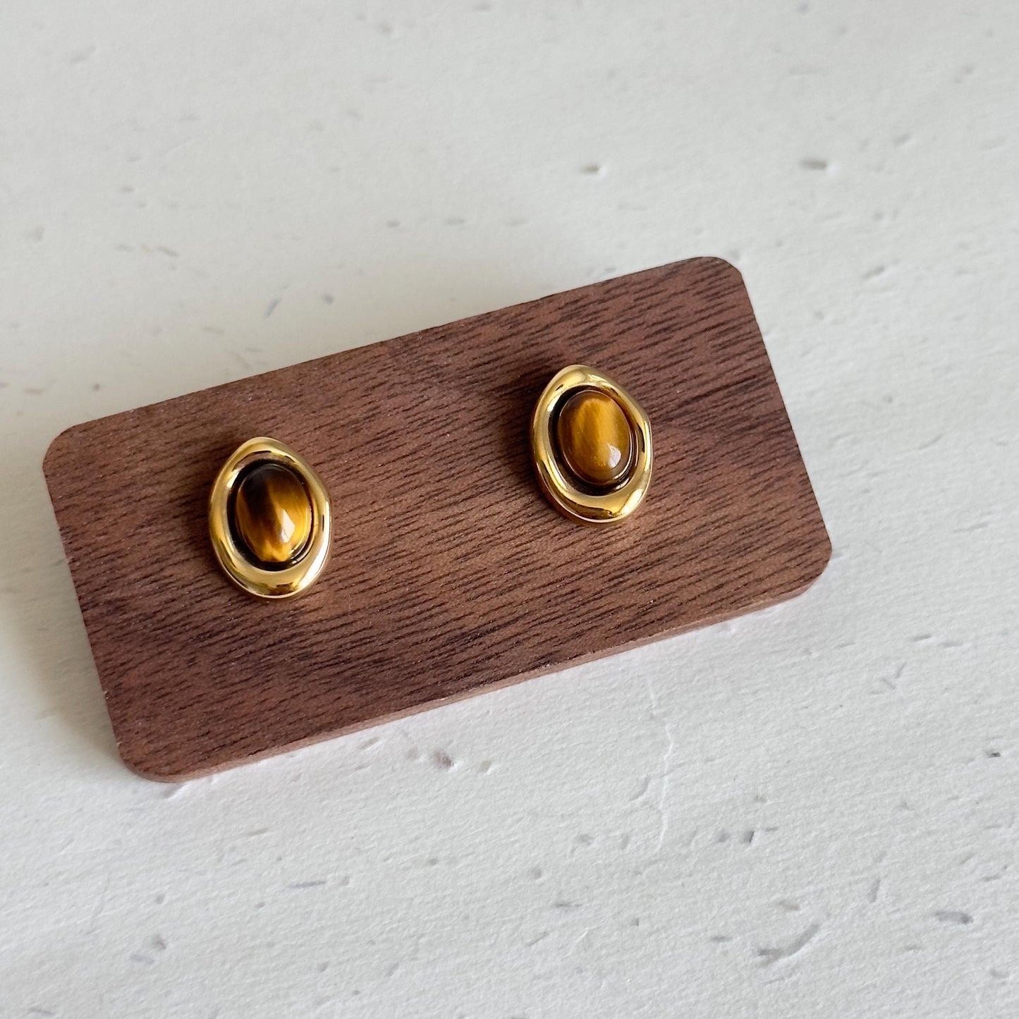 Tiger Eye Stud Earrings, Oval Gemstone Earrings, 18K Gold Plated Earrings, Minimalist Stud Earrings, Brown Stone Earrings