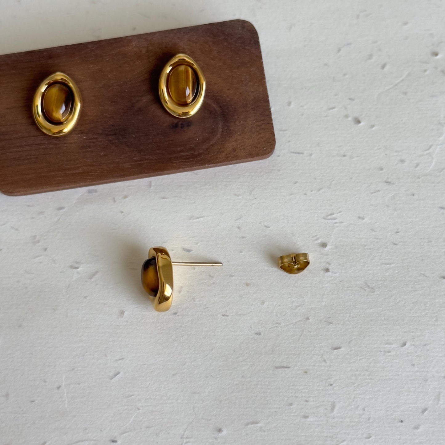 Tiger Eye Stud Earrings, Oval Gemstone Earrings, 18K Gold Plated Earrings, Minimalist Stud Earrings, Brown Stone Earrings