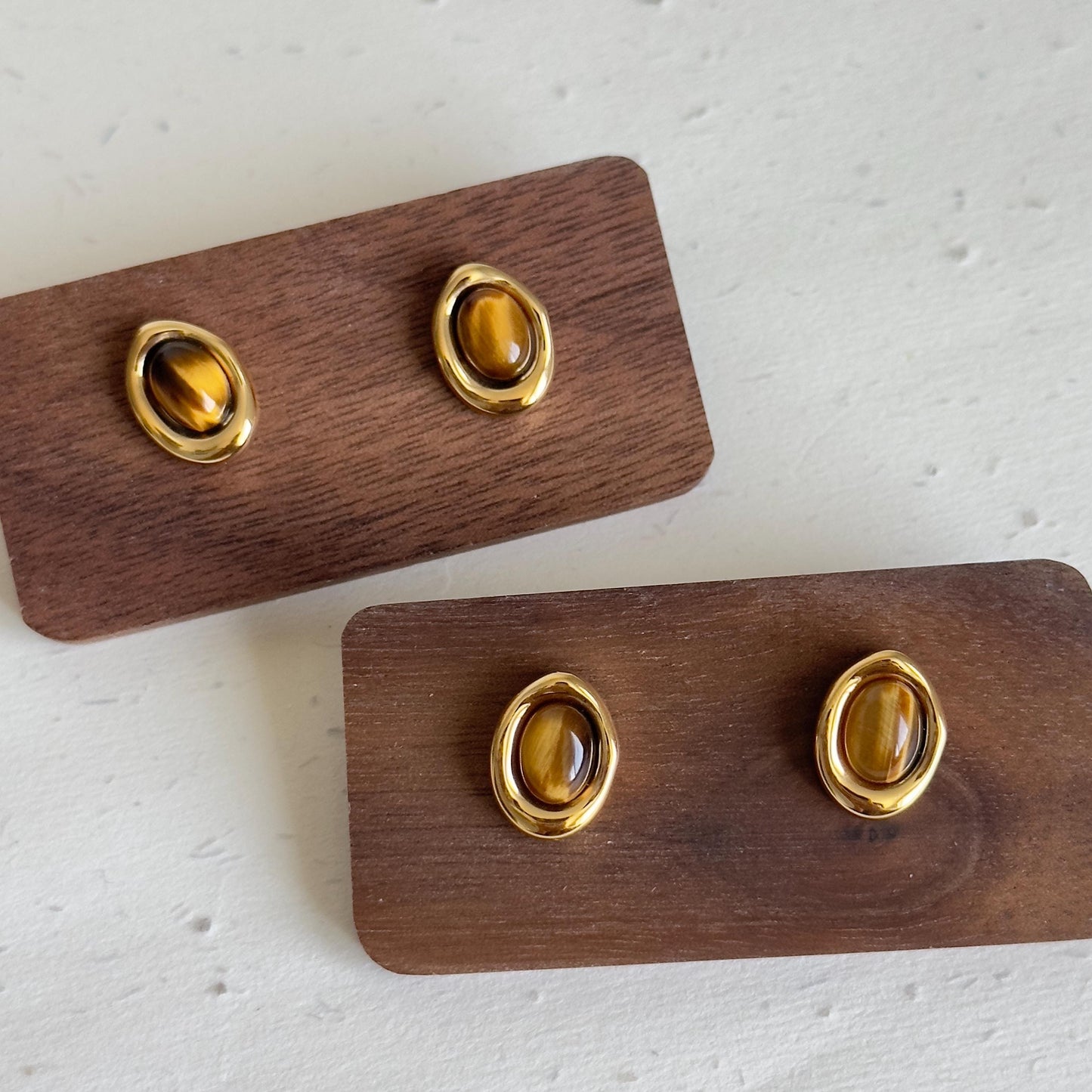 Tiger Eye Stud Earrings, Oval Gemstone Earrings, 18K Gold Plated Earrings, Minimalist Stud Earrings, Brown Stone Earrings